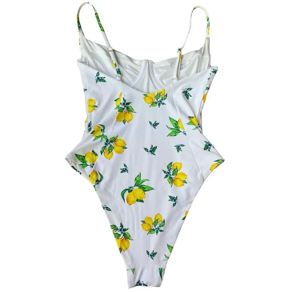 Onia x WeWoreWhat Danielle Lemon Print Belted One Piece Swimsuit – Size Medium - Picture 7 of 16